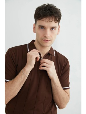 FullaModa Yarım Fermuarlı Çizgili Triko Tişört