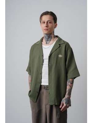 Respire Erkek R Nakışlı Kısa Kollu Müslin Oversize Gömlek Koyu Haki