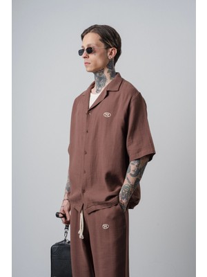 Respire Erkek R Nakışlı Kısa Kollu Müslin Oversize Gömlek Kahve
