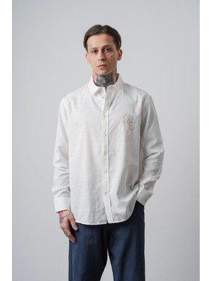 Respire Erkek Res Nakışlı Uzun Kollu Keten Oversize Gömlek Ekru