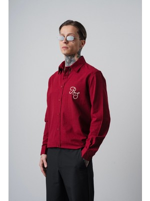 Respire Erkek Res Nakışlı Uzun Kollu Keten Oversize Gömlek Bordo