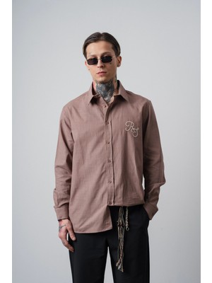 Respire Erkek Res Nakışlı Uzun Kollu Keten Oversize Gömlek Kahve