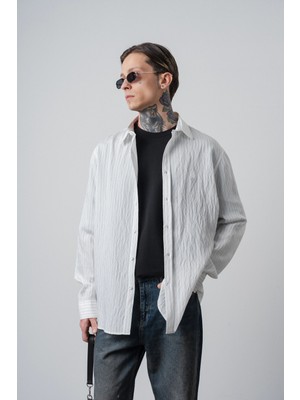 Respire Erkek Rs Nakışlı Çizgili Uzun Kollu Oversize Gömlek Beyaz