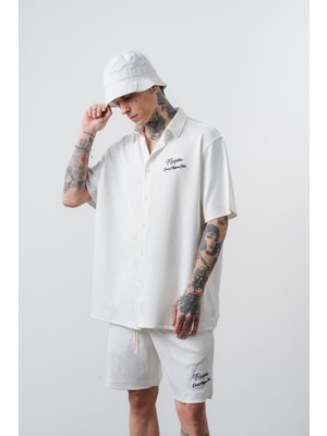 Respire Erkek Res Club Yazılı Oversize Gömlek Şort Takım Ekru