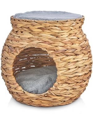 MarkEntegra Doğal Hasırdan El Yapımı Çift Katlı Kedi ve Köpek Yuvası, Yumuşak Minderli, 48X48X45 cm