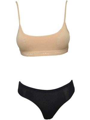 Toyigoo Pedli Ip Askılı Yarım Atlet Büstiyer Külot Takım Ten Siyah TYG-84037RS