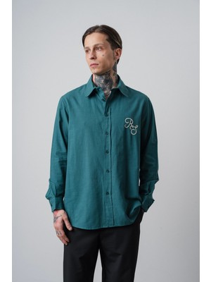 Respire Erkek Res Nakışlı Uzun Kollu Keten Oversize Gömlek Zümrüt