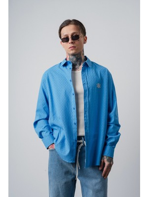 Respire Erkek Star Nakışlı Uzun Kollu Oversize Gömlek Indigo