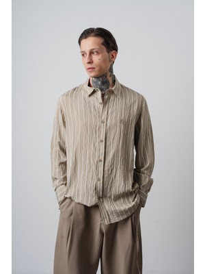 Respire Erkek Nakış Detaylı Çizgili Uzun Kollu Oversize Gömlek Haki