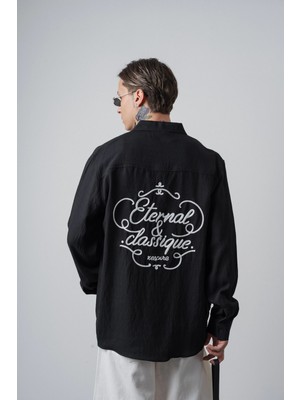Respire Erkek Eternal Nakışlı Uzun Kollu Keten Oversize Gömlek Siyah