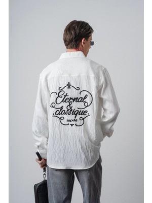 Respire Erkek Eternal Nakışlı Uzun Kollu Keten Oversize Gömlek Ekru