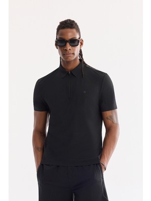 AVVA Erkek Siyah Fermuarlı Polo Yaka Hızlı Kuruyan Kırışmaz Regular Fit T-Shirt A61Y1124