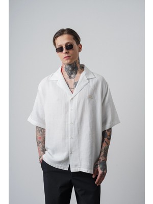 Respire Erkek R Nakışlı Kısa Kollu Müslin Oversize Gömlek Ekru