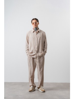 Respire Erkek R Nakışlı Oversize Gömlek Pantolon Takım Bej