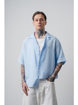 Respire Erkek R Nakışlı Kısa Kollu Müslin Oversize Gömlek Bebe Mavi
