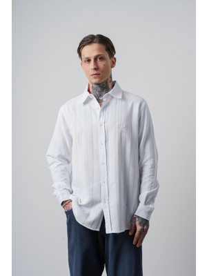 Respire Erkek Nakış Detaylı Uzun Kollu Müslin Oversize Gömlek Beyaz
