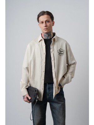 Respire Erkek Eternal Nakışlı Uzun Kollu Keten Oversize Gömlek Bej