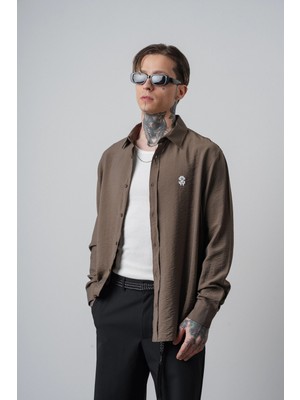 Respire Erkek Rs Nakışlı Uzun Kollu Oversize Gömlek Haki