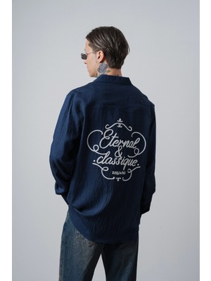 Respire Erkek Eternal Nakışlı Uzun Kollu Keten Oversize Gömlek Lacivert