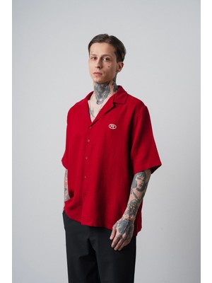 Respire Erkek R Nakışlı Kısa Kollu Müslin Oversize Gömlek Bordo