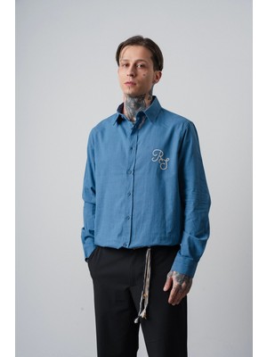 Respire Erkek Res Nakışlı Uzun Kollu Keten Oversize Gömlek Petrol