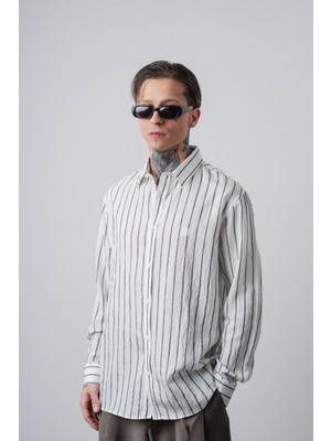 Respire Erkek Nakış Detaylı Çizgili Uzun Kollu Oversize Gömlek Beyaz