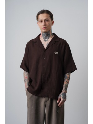Respire Erkek R Nakışlı Kısa Kollu Müslin Oversize Gömlek Koyu Kahve
