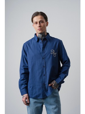 Respire Erkek Res Nakışlı Uzun Kollu Keten Oversize Gömlek Lacivert