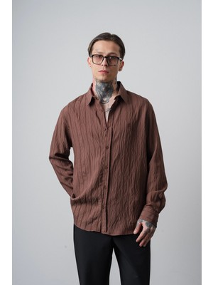 Respire Erkek Nakışlı Uzun Kollu Oversize Gömlek Kahve