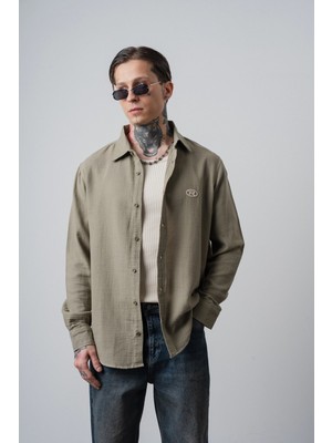 Respire Erkek R Nakışlı Uzun Kollu Müslin Oversize Gömlek Haki