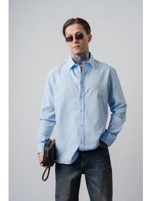 Respire Erkek Res Nakışlı Uzun Kollu Keten Oversize Gömlek Bebe Mavi