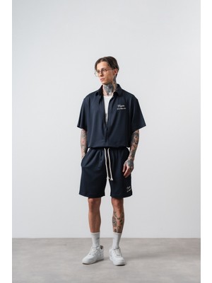Respire Erkek Res Club Yazılı Oversize Gömlek Şort Takım Lacivert