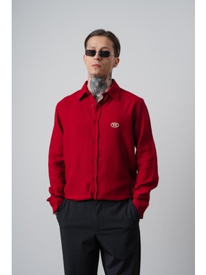 Respire Erkek R Nakışlı Uzun Kollu Müslin Oversize Gömlek Bordo