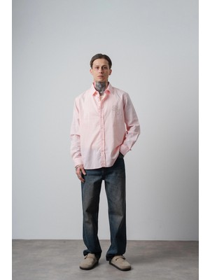 Respire Erkek Res Nakışlı Uzun Kollu Keten Oversize Gömlek Pembe