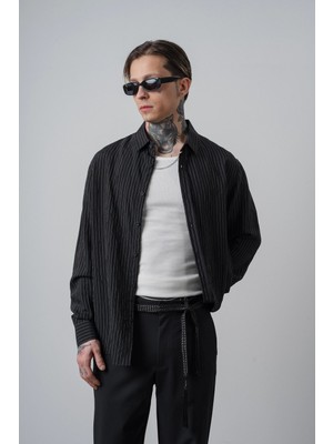 Respire Erkek Rs Nakışlı Çizgili Uzun Kollu Oversize Gömlek Siyah