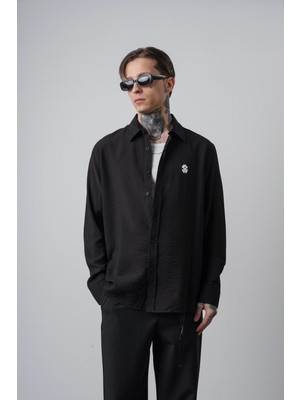 Respire Erkek Rs Nakışlı Uzun Kollu Oversize Gömlek Siyah