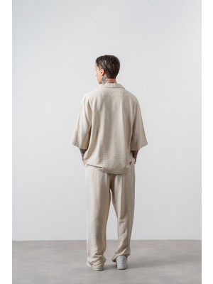 Erkek Respire District Nakışlı Fakir Kol Oversize Gömlek Pantolon Takım Bej