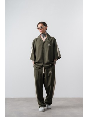 Erkek Respire District Nakışlı Fakir Kol Oversize Gömlek Pantolon Takım Haki