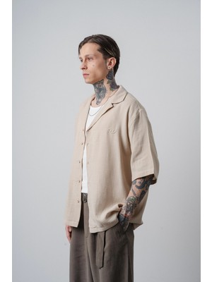 Respire Erkek R Nakışlı Kısa Kollu Müslin Oversize Gömlek Bej