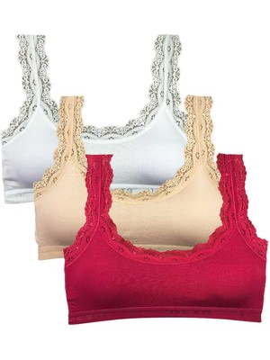 Toyigoo 3 Adet Dantel Nakış Işlemeli Pedli Bambu Kadın Büstiyer Beyaz Ten Bordo TYG-84037RS