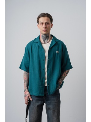 Respire Erkek R Nakışlı Kısa Kollu Müslin Oversize Gömlek Zümrüt