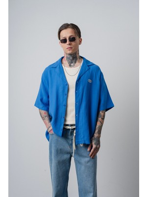 Respire Erkek R Nakışlı Kısa Kollu Müslin Oversize Gömlek Mavi
