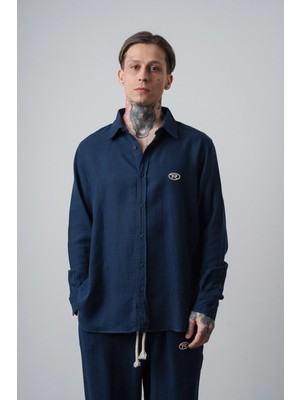 Respire Erkek R Nakışlı Uzun Kollu Müslin Oversize Gömlek Lacivert