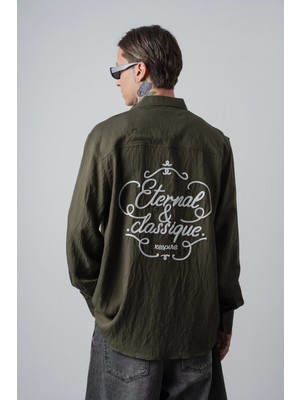 Respire Erkek Eternal Nakışlı Uzun Kollu Keten Oversize Gömlek Haki