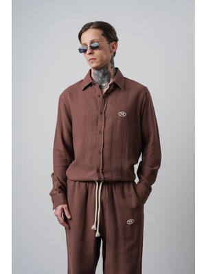 Respire Erkek R Nakışlı Uzun Kollu Müslin Oversize Gömlek Kahve