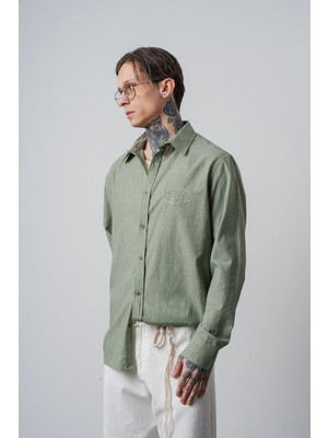 Erkek Respire Nakışlı Uzun Kollu Oversize Gömlek Haki