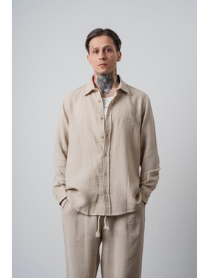 Respire Erkek R Nakışlı Uzun Kollu Müslin Oversize Gömlek Bej