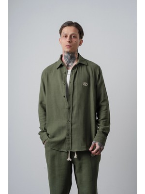 Respire Erkek R Nakışlı Uzun Kollu Müslin Oversize Gömlek Koyu Haki