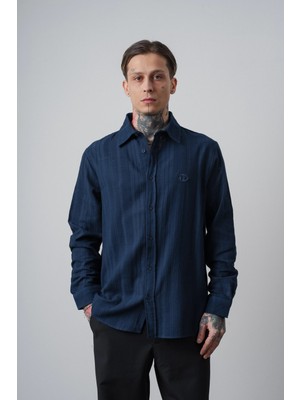 Respire Erkek Nakış Detaylı Uzun Kollu Müslin Oversize Gömlek Lacivert