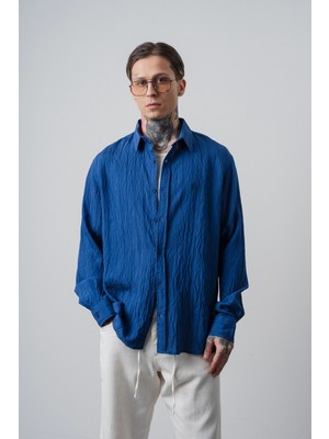 Respire Erkek Nakışlı Uzun Kollu Oversize Gömlek Lacivert